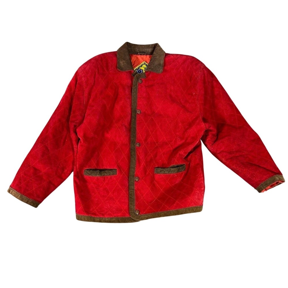 Vintage Fox Run Red Quilted Suede Leather Jacket Women's M Brown Trim Snap Front